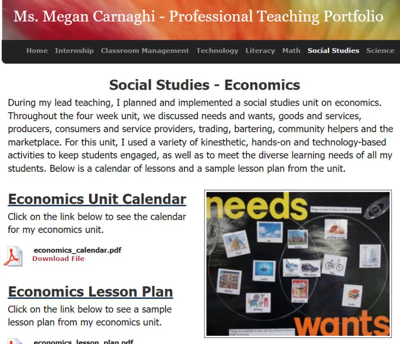 A digital teaching portfolio example showing social studies and economics lesson plans