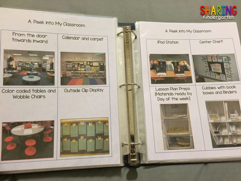 Pages from a teaching portfolio example of an elementary school teacher, showing pictures of her classroom