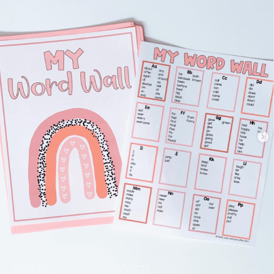 a literacy folder titled "My word wall" and an example of a tracking sheet that goes inside