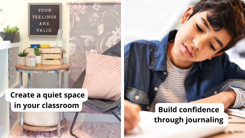 Examples of mental health activities for teens such as building self-esteem through journaling and creating a quiet space in the classroom.