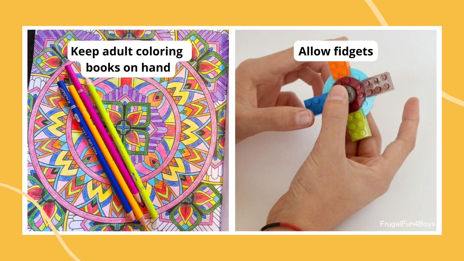 Examples of mental health activities for teens such as adult coloring books and fidgets.