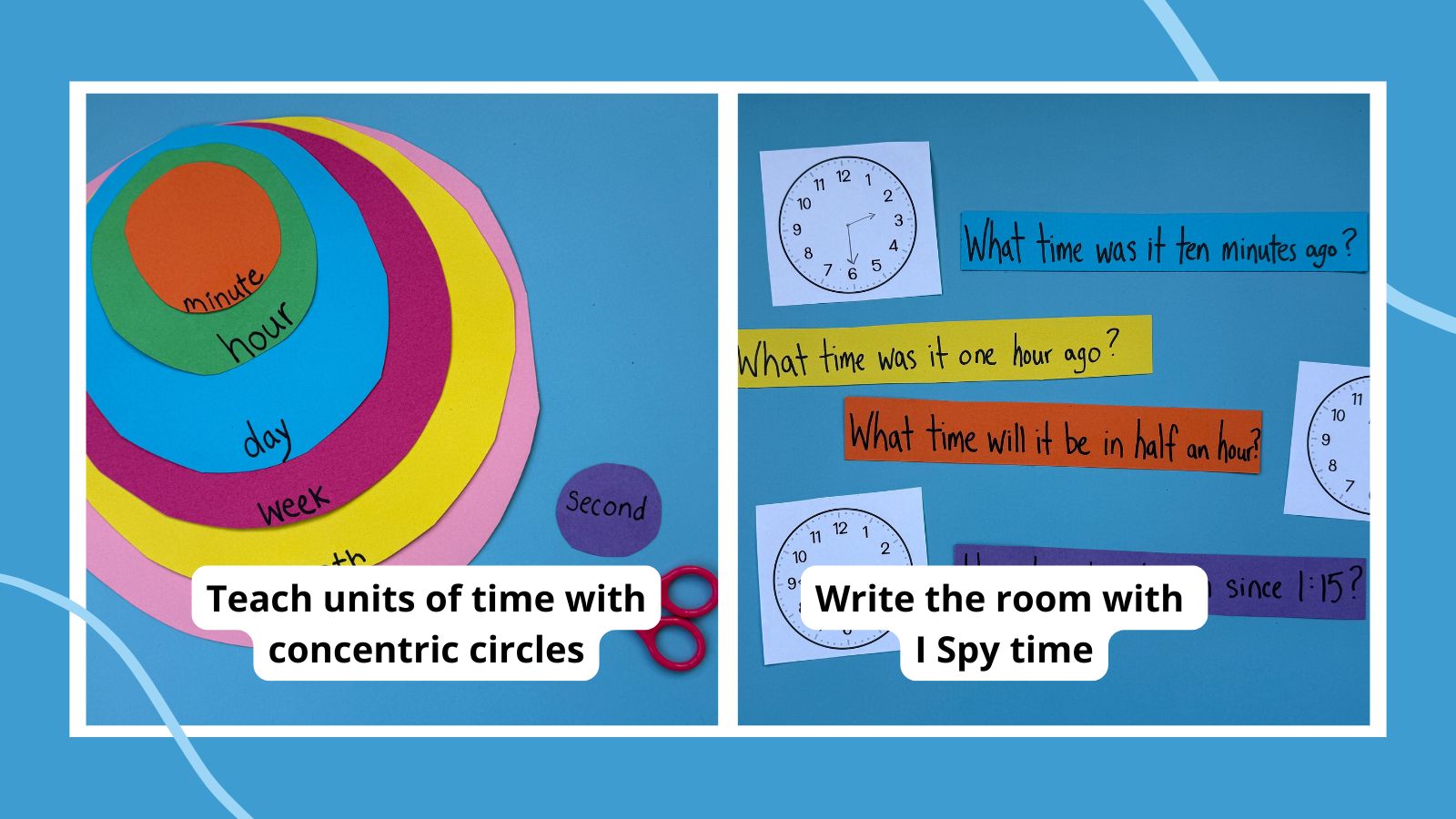 Examples of telling time games and activities including concentric circles and I spy activities