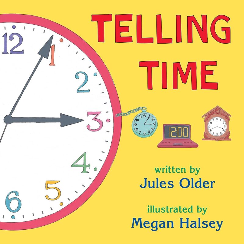 A yellow book cover says Telling Time on it with a clock.
