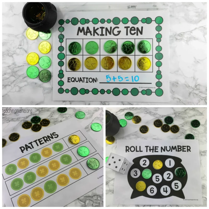 Ways to use gold coins in ten frames for a Saint Patrick's Day activity 