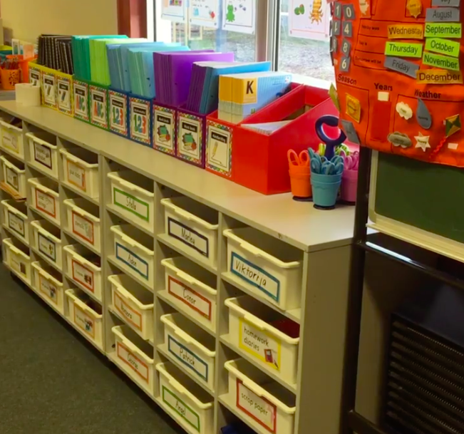 Classroom organization system with labeled bins and drawers