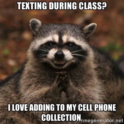 'I love adding to my cell phone collection.' Evil raccoon teacher meme.