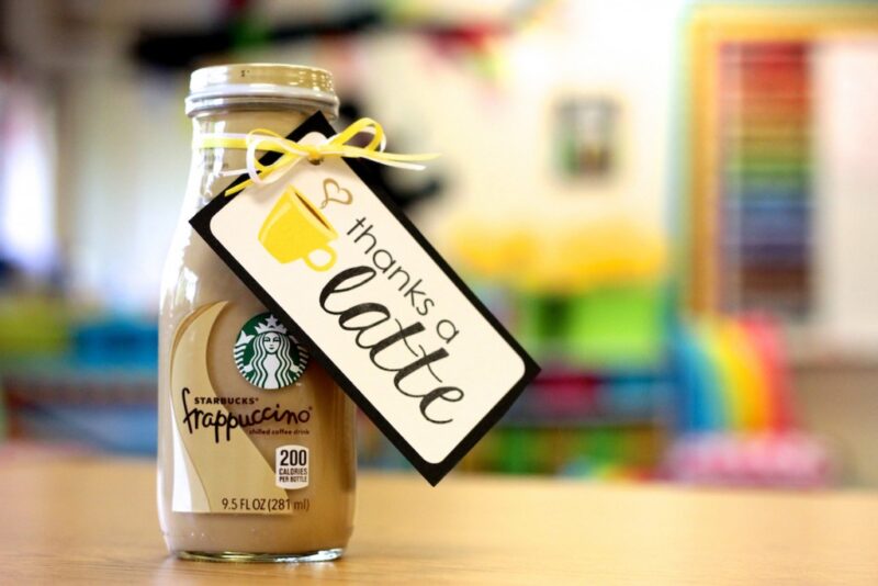thanks a latte card on a starbucks latte drink for a thanksgiving gift for teachers 