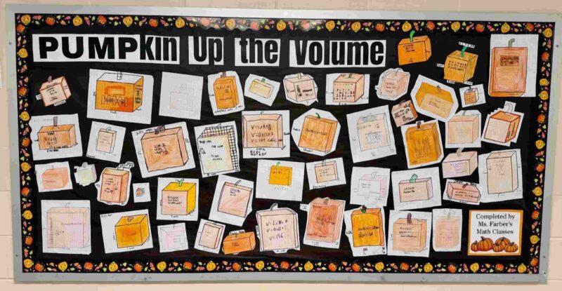 Thanksgiving Bulletin Board: Pumpkin Up the Volume Bulletin board reading "Pumpkin Up the Volume" with square pumpkins showing their calculated volume