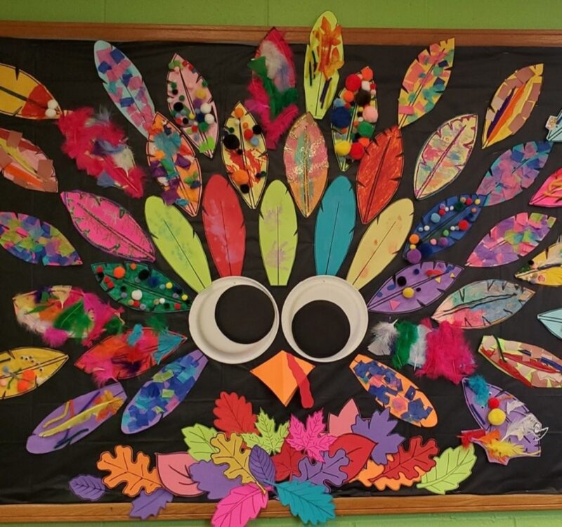 Thanksgiving Bulletin Boards: Turkey Feather Bulletin board showing a turkey with large googly eyes and individual feathers created by students