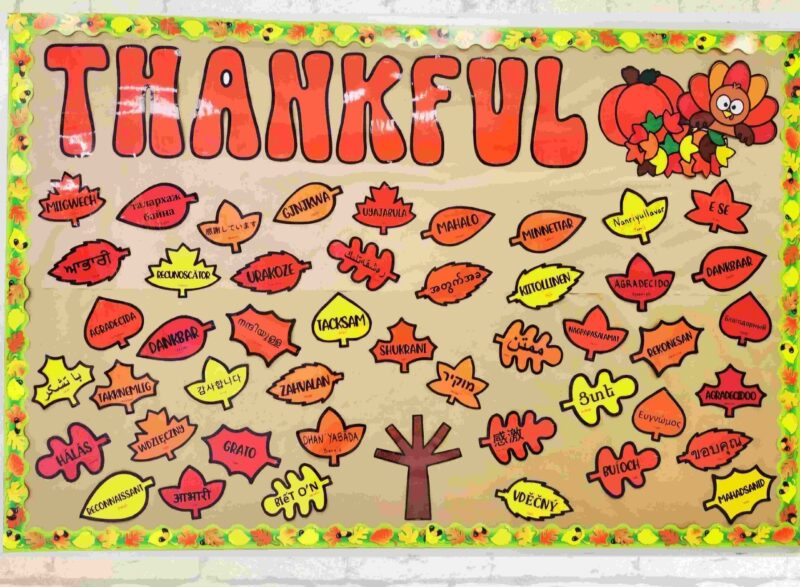 Thanksgiving Bulletin Board: World Languages A bulletin board reads "Thankful" in large letters, with leaves showing words for "thankful" in various world languages