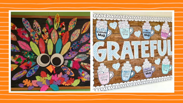 Two Thanksgiving bulletin boards, one with a large turkey and the other with the word grateful and cocoa mugs