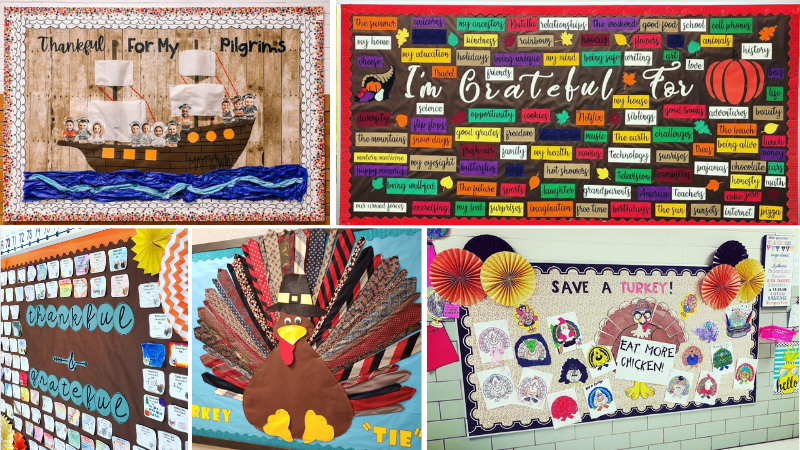 Collage of turkey and Thanksgiving Bulletin Boards