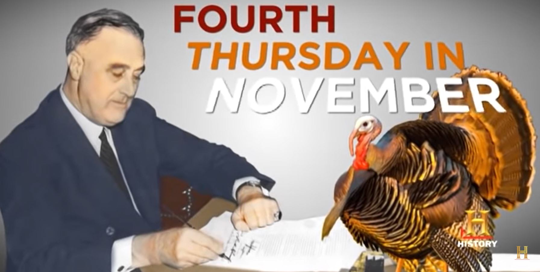 Illustration of a turkey and president FDR signing a document making the fourth Thursday in November a national holiday, a clip from Thanksgiving videos.