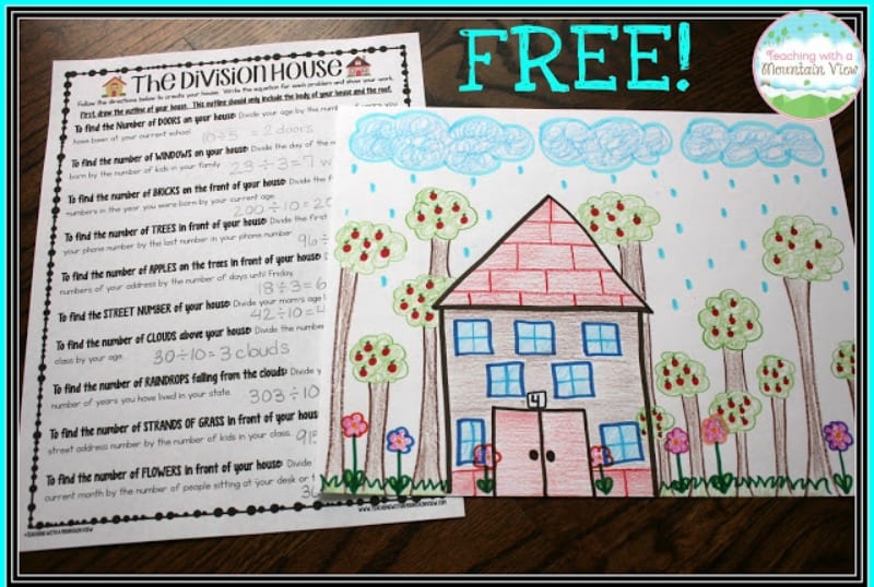 The Division House worksheet with drawing of a house with trees and clouds (Teaching Division)