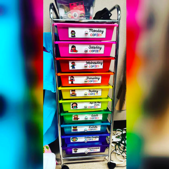 A rainbow-hued rolling cart with labels for every day of the week