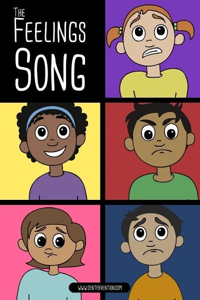 A colorful poster with children's faces showing different emotions