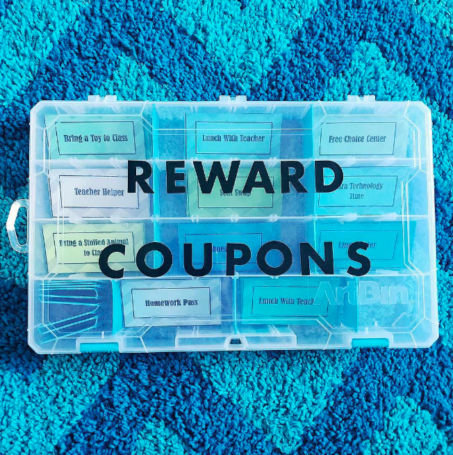 A blue plastic container labelled "reward coupons"