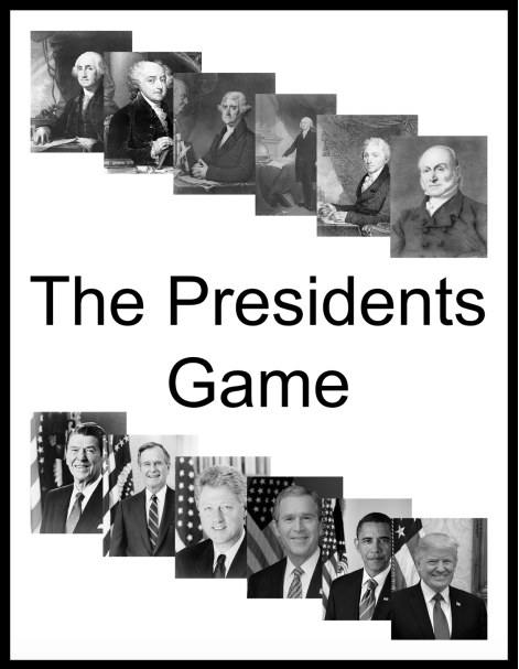 The cover of The Presidents Game with portraits of as assortment of US presidents 