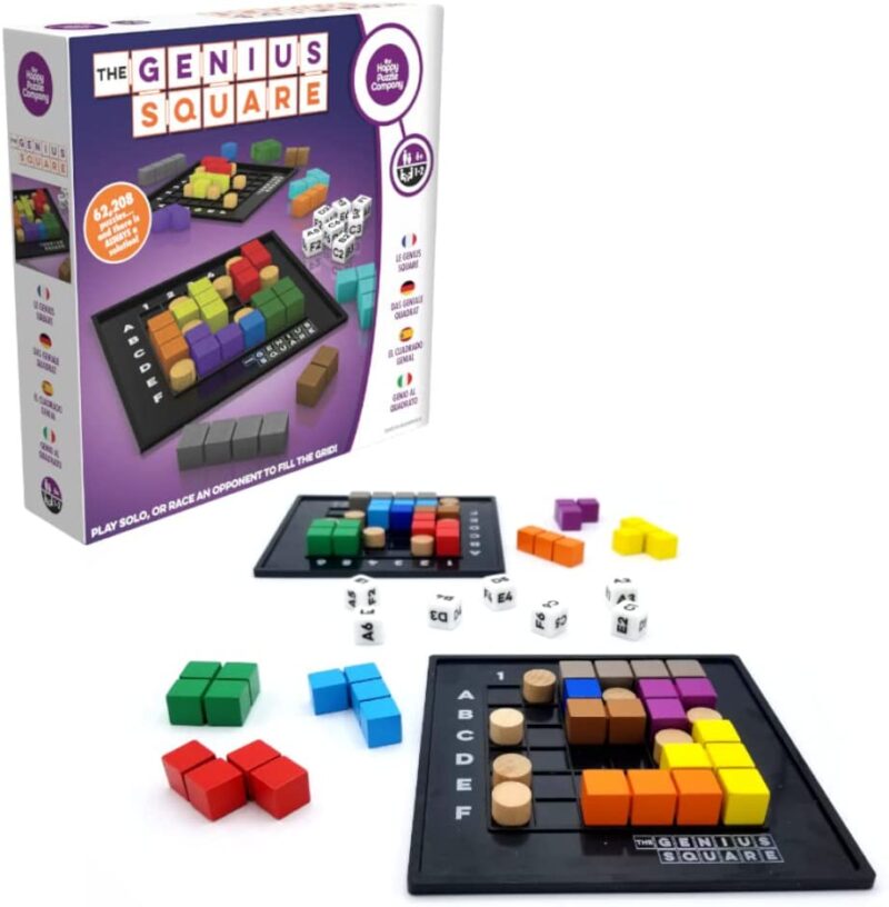 A black board has different colored square blocks on it (math board games)