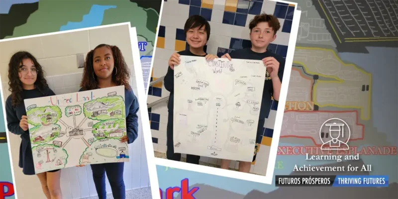 students holding their examples of theme park maps they designed, idea to teach the five themes of geography 