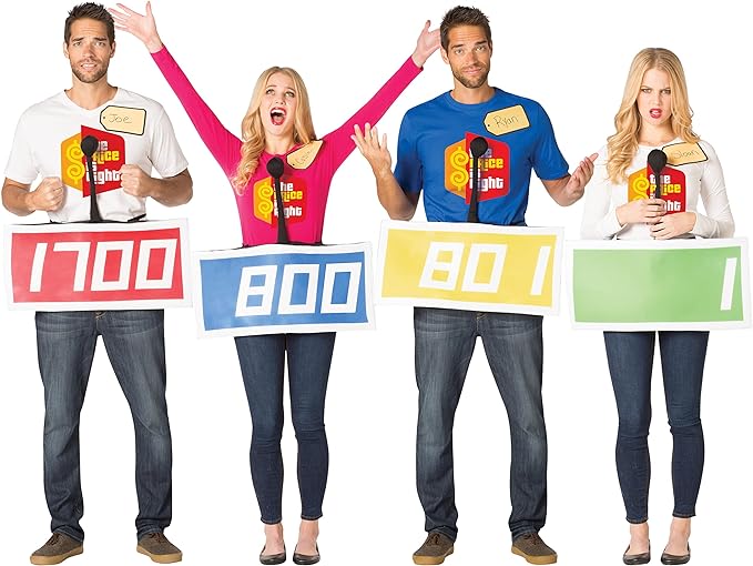 Teacher halloween costumes like this one show four people wearing price is right shirts in different colors with signs with different numbers on them attached to them.