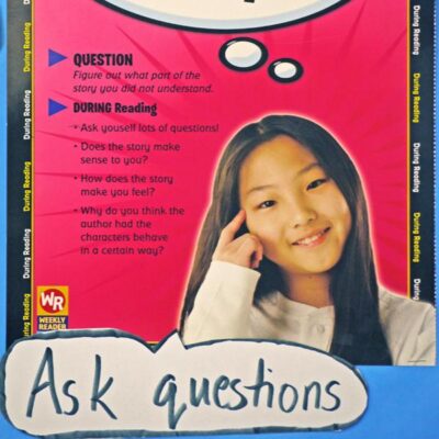 an asian girl with a thought bubble above her head and a caption that says "Ask questions"