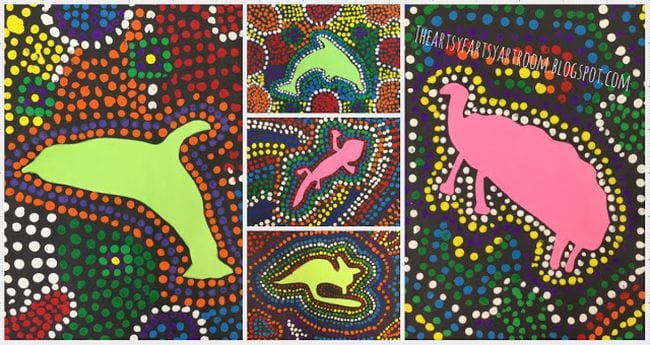 Animals painted in solid colors, surrounded by multi-colored dots (Third Grade Art Projects)