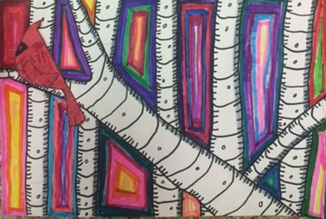 Birch tree branches surrounded by colorful marker lines, accented with a red cardinal