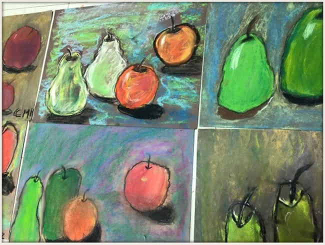 Oil pastel still life pieces of apples and pears in the style of Cezanne