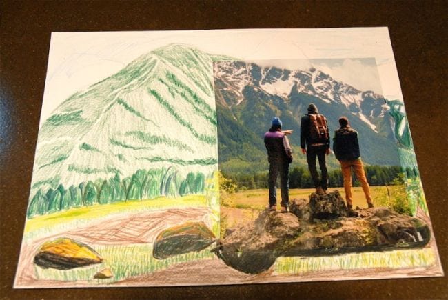 Photo of three people backed by a mountain, with the larger landscape drawn in colored pencil (Third Grade Art Projects)