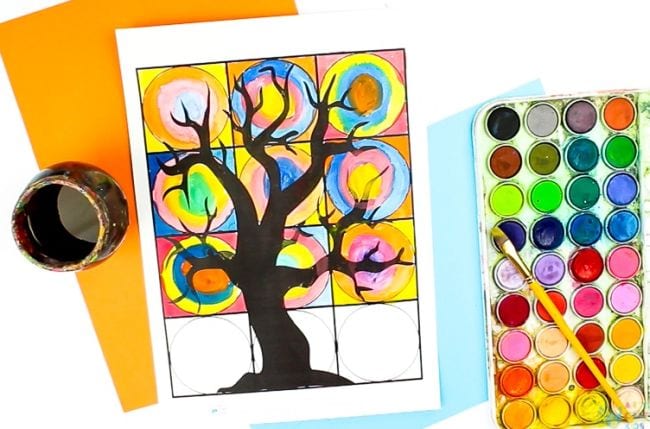 Page divided into squares with a tree outline, with colorful circles painted in the squares (Third Grade Art Projects)