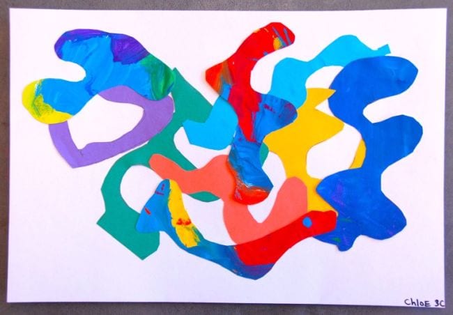 Third grade art projects include this collage of colorful curved shapes 