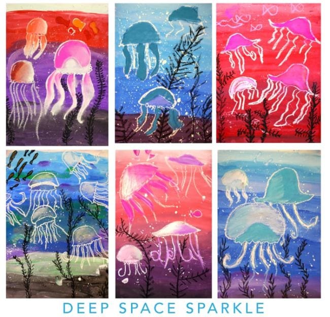 Collage of watercolor resist paintings with pastel chalk jellyfish (Third Grade Art Projects)
