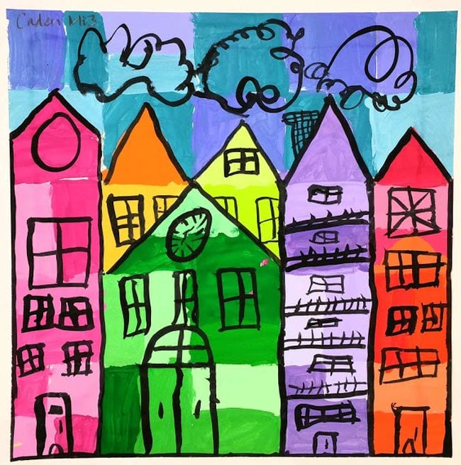 Third grade art projects include these colorful skyscrapers against a sky painted in geometric blocks