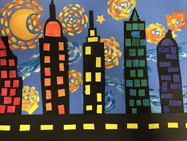 Starry night sky in pastels with black construction paper skyscrapers in front (Third Grade Art Projects)