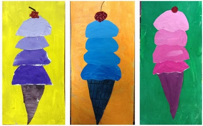 Third grade art projects include painted ice cream cones with each scoop a different shade of a single color 