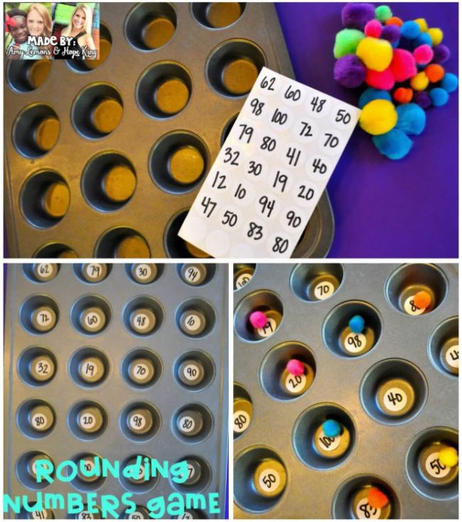 Muffin tin labeled with numbers and a pile of colorful pom poms; text reads Rounding Numbers Game