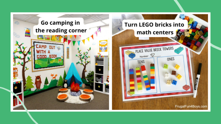 Examples of fun things to do when teaching third grade including a camping reading corner and LEGO math activities