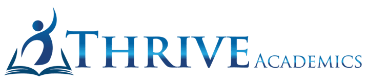 Thrive Academics blue logo on white background with icon of person coming out of an open book.