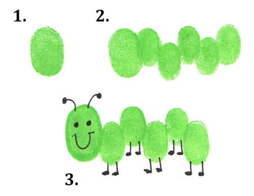 This easy art project for kids shows three steps to making green thumbprints turn into a caterpillar.