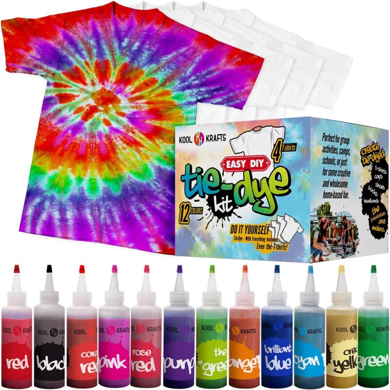 A tie-dye shirt is shown in addition to a wide variety of bottles of colored dye.