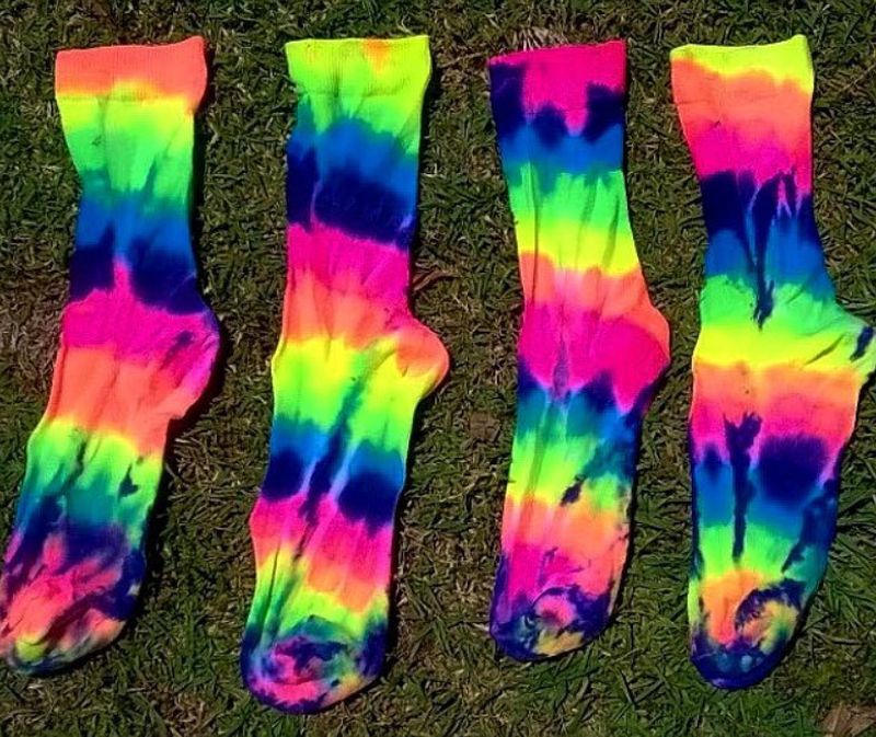 Four colorful DIY tie-dyed socks