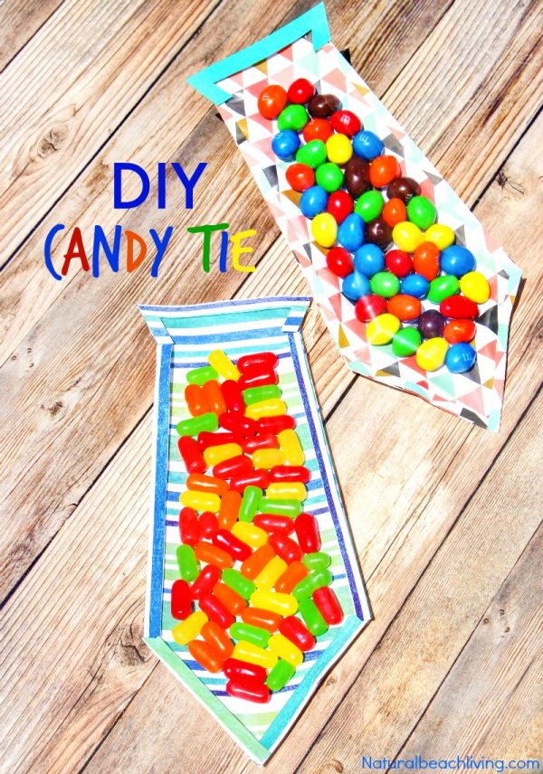 The best Father's Day crafts for kids can include candy like these cute tie shaped decorations filled with skittles and other candies.