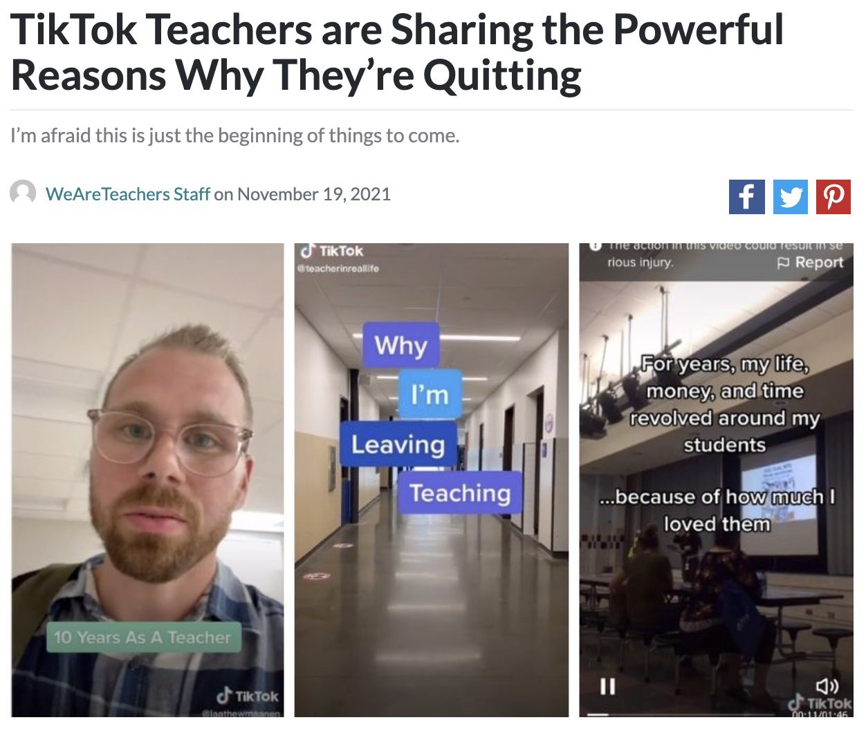 Screencap of an article about teachers sharing why they quit on TikTok