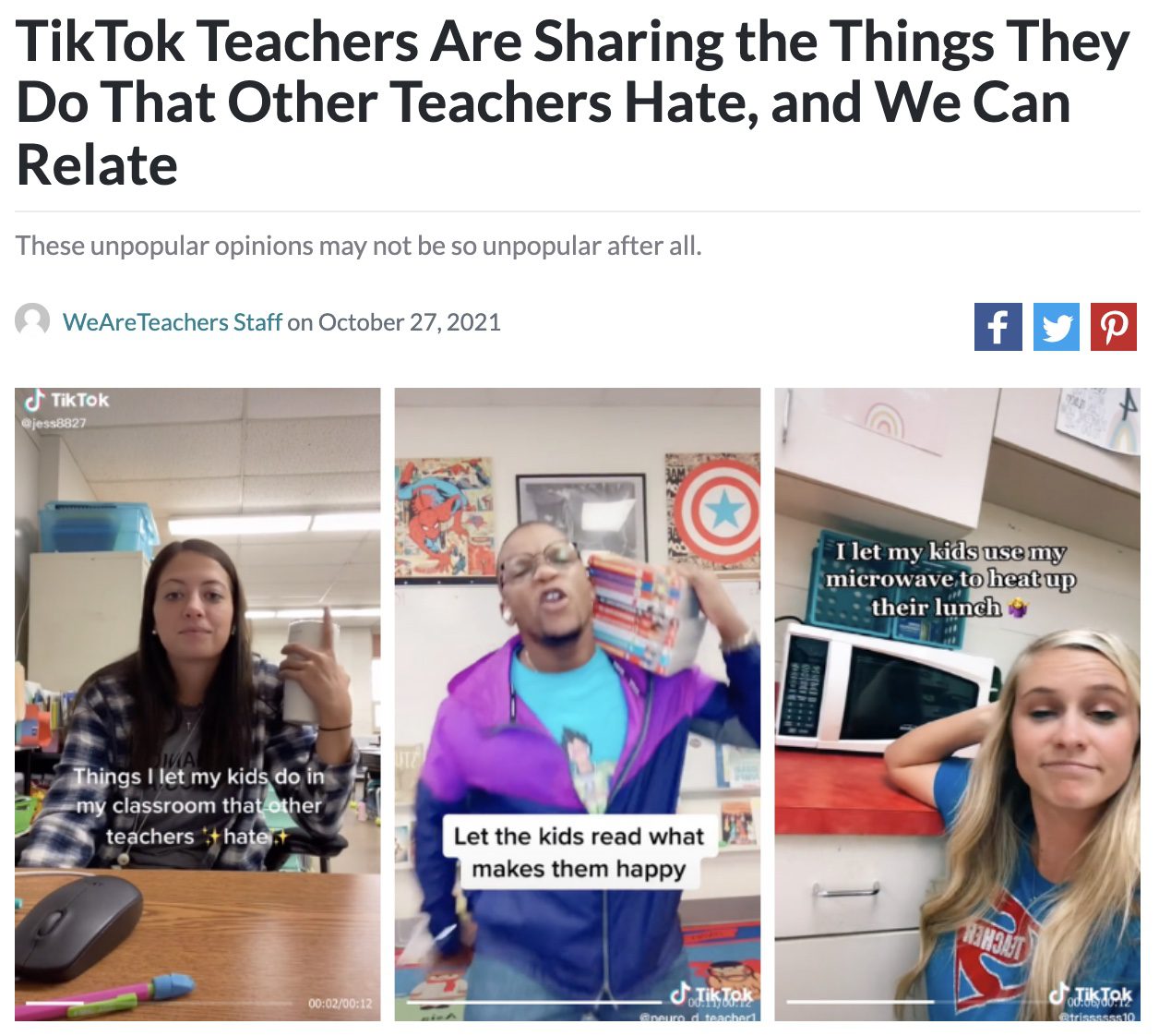 Screencap of an article about teachers on TikTok sharing things they let students do