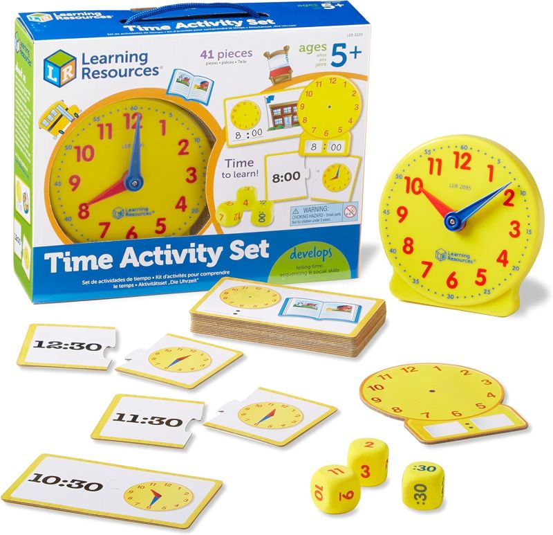Time Activity Set with plastic clock, cards, dice, and more