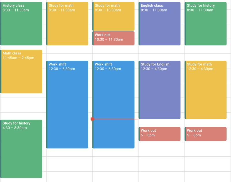 A calendar showing an example of time blocking for a student's week