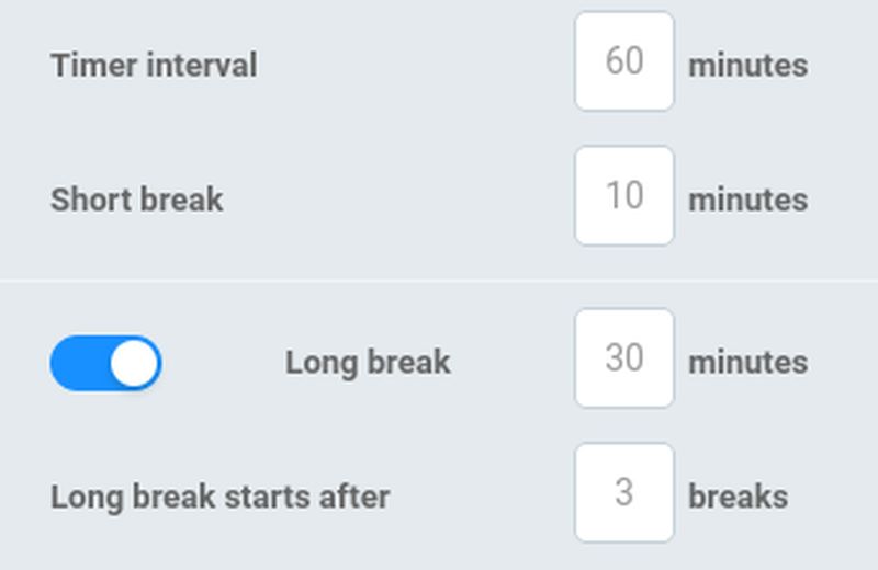 Clockify app screen showing times for work and break