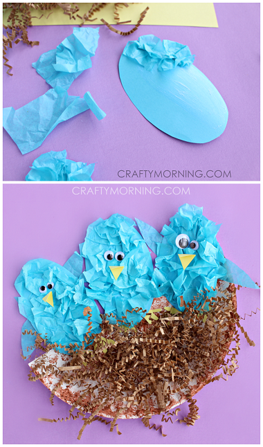 blue birds are assembled from googley eyes and blue tissue paper. A nest is made from brown easter grass.