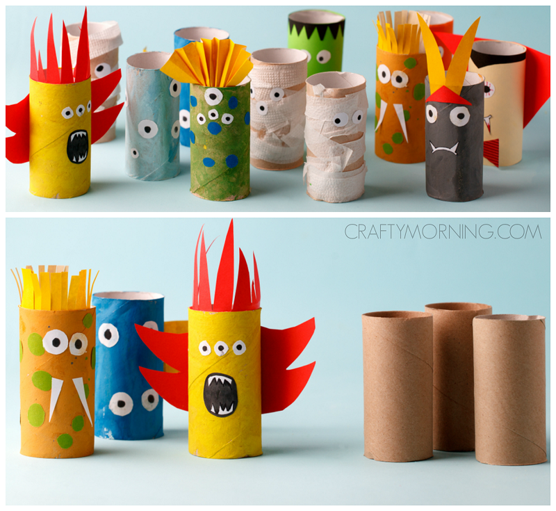 toilet paper rolls made into monsters with art supplies 